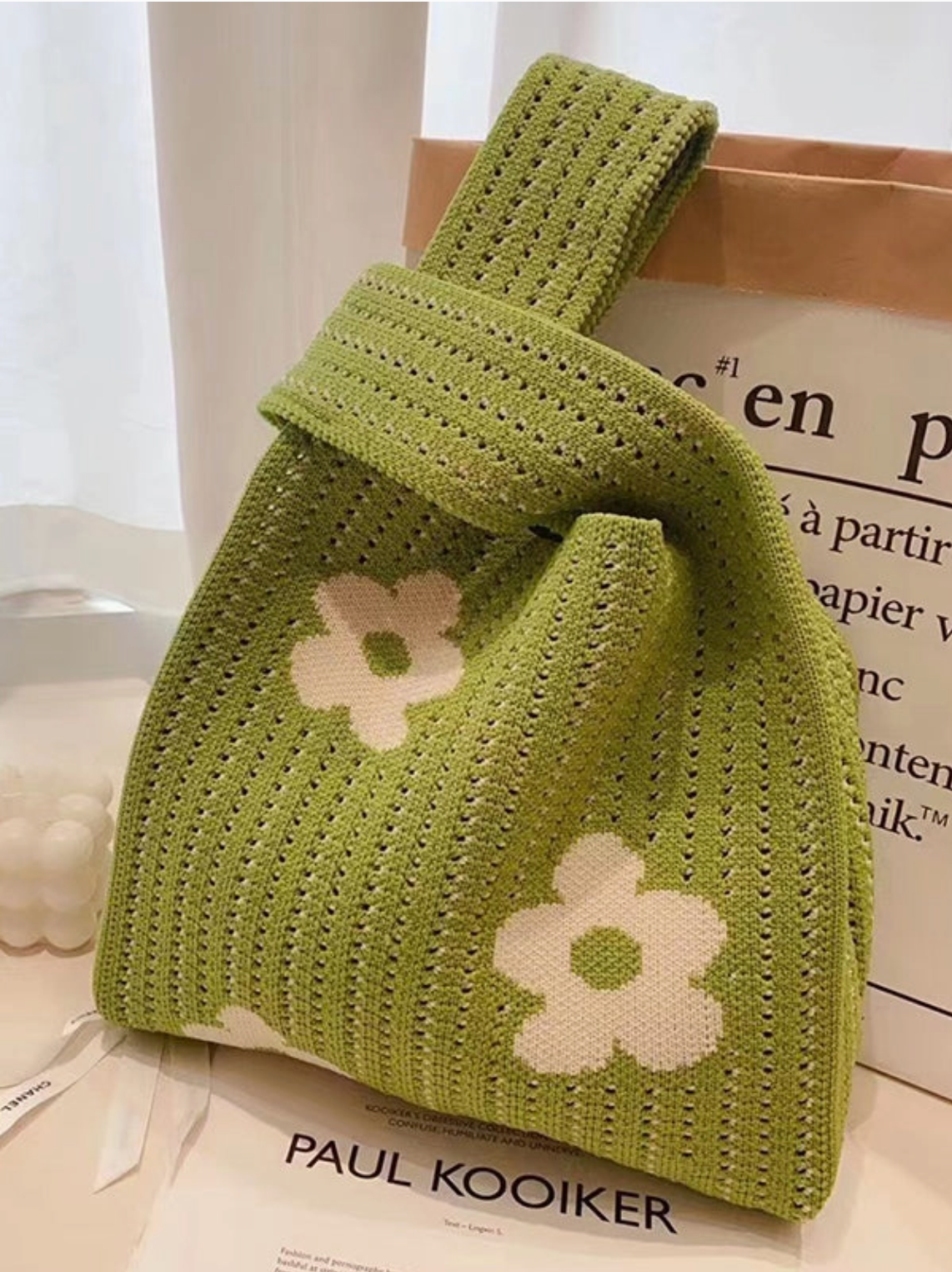 Knitted Floral Green Tote